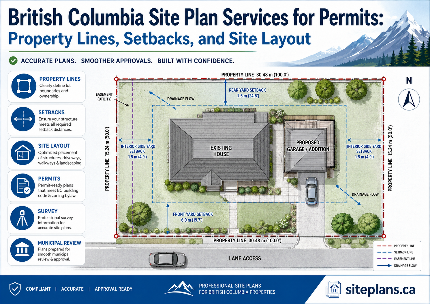 British Columbia site plan services for permits showing property lines, setbacks, existing house, proposed garage addition, site layout, drainage flow, easement line, lane access, and permit-ready residential site plan